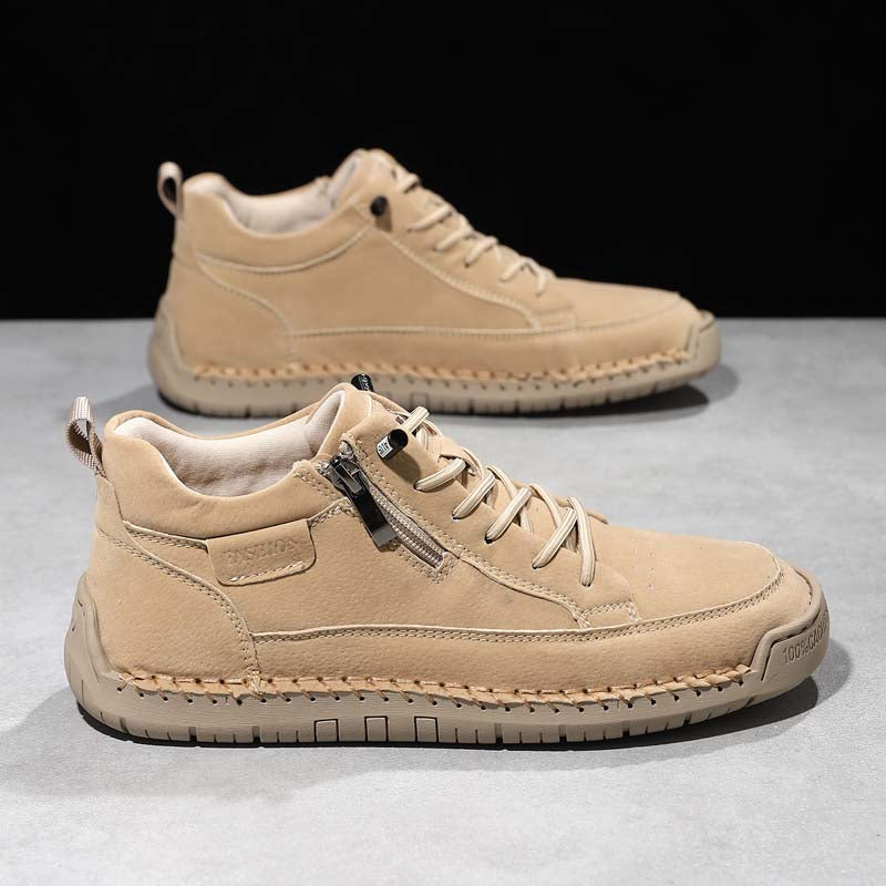 Men's Genuine Leather Casual Mid top shoes - Side Zipper, Waterproof, Wide Toe Box with Arch Support