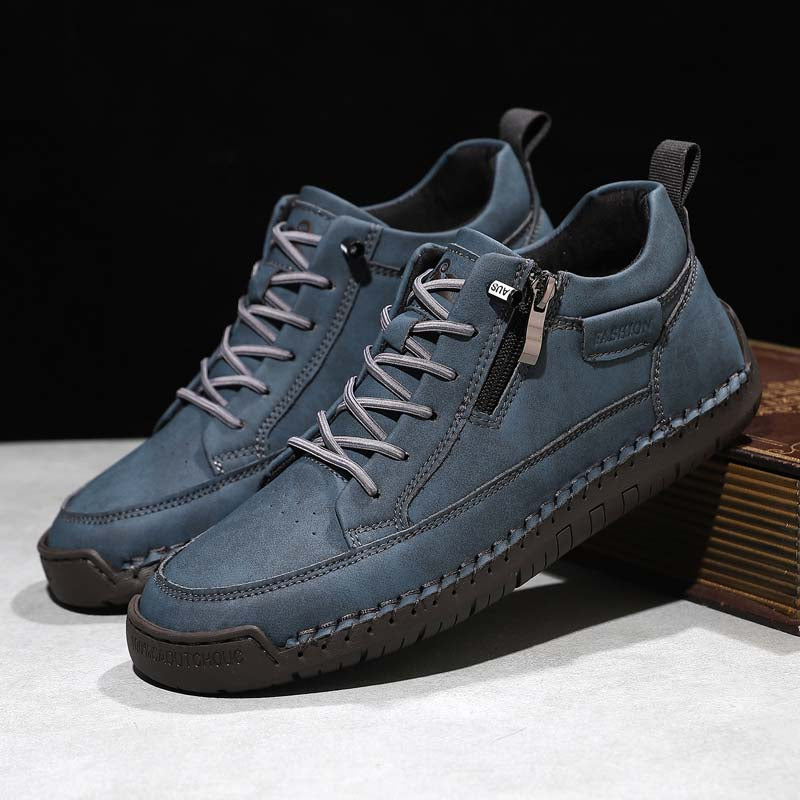 Men's Genuine Leather Casual Mid top shoes - Side Zipper, Waterproof, Wide Toe Box with Arch Support