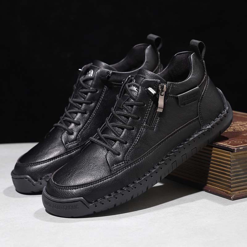 Men's Genuine Leather Casual Mid top shoes - Side Zipper, Waterproof, Wide Toe Box with Arch Support