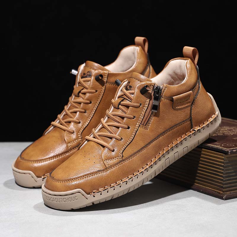 Men's Genuine Leather Casual Mid top shoes - Side Zipper, Waterproof, Wide Toe Box with Arch Support