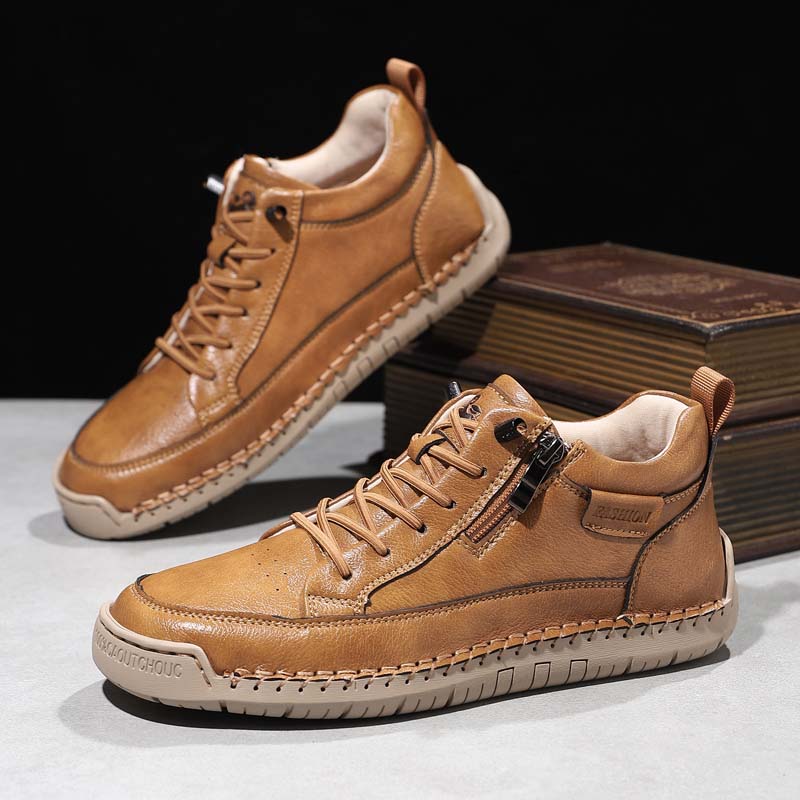 Men's Genuine Leather Casual Mid top shoes - Side Zipper, Waterproof, Wide Toe Box with Arch Support