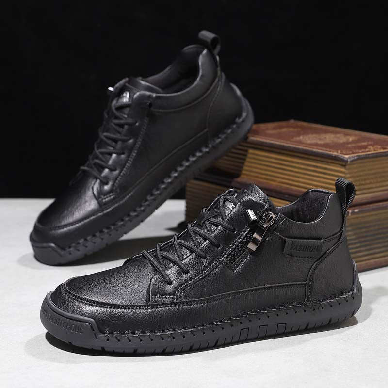 Men's Genuine Leather Casual Mid top shoes - Side Zipper, Waterproof, Wide Toe Box with Arch Support