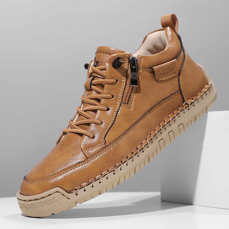 Men's Genuine Leather Casual Mid top shoes - Side Zipper, Waterproof, Wide Toe Box with Arch Support