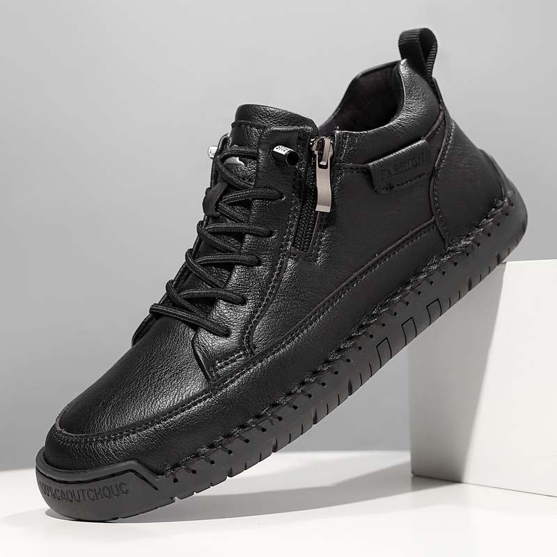 Men's Genuine Leather Casual Mid top shoes - Side Zipper, Waterproof, Wide Toe Box with Arch Support