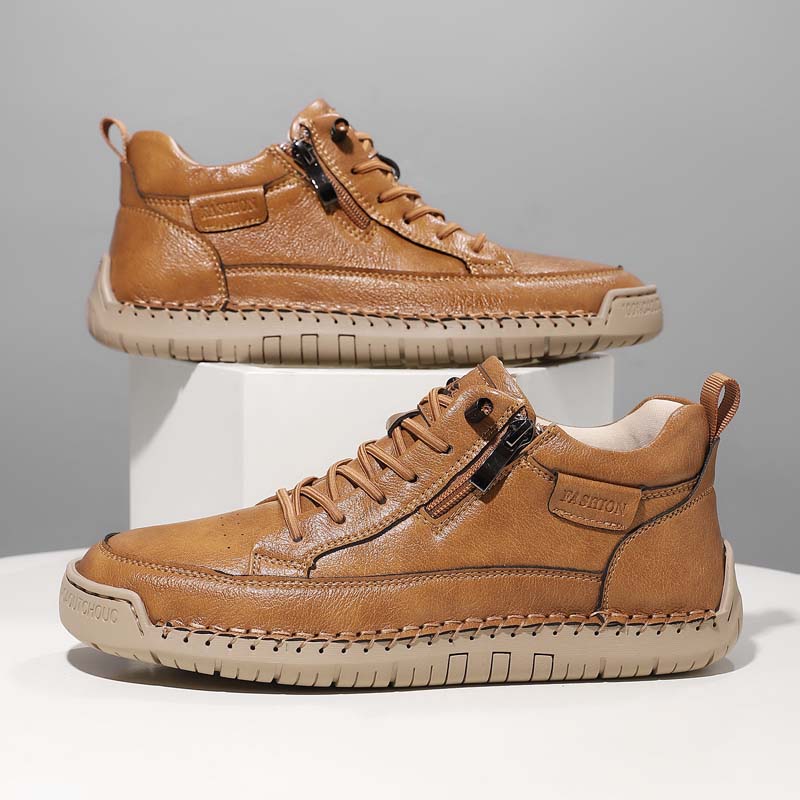 Men's Genuine Leather Casual Mid top shoes - Side Zipper, Waterproof, Wide Toe Box with Arch Support