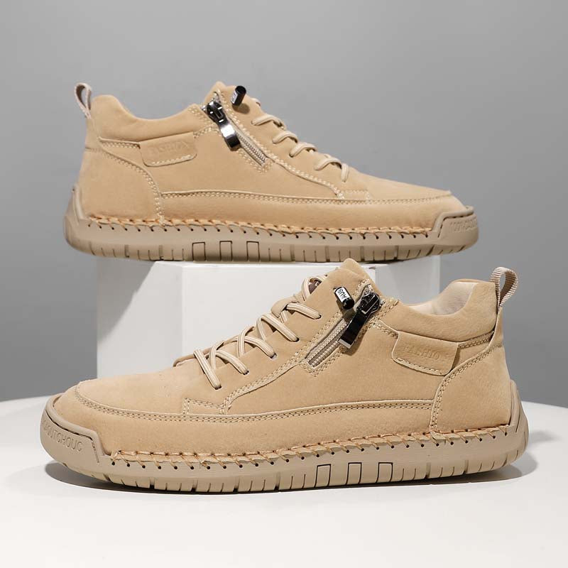 Men's Genuine Leather Casual Mid top shoes - Side Zipper, Waterproof, Wide Toe Box with Arch Support