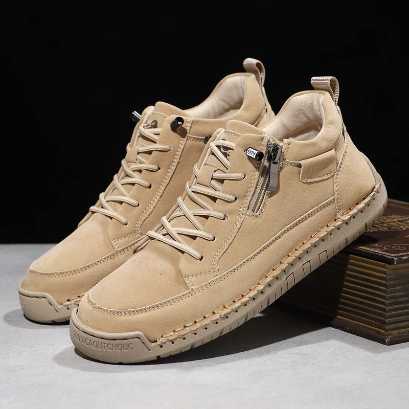 Men's Genuine Leather Casual Mid top shoes - Side Zipper, Waterproof, Wide Toe Box with Arch Support