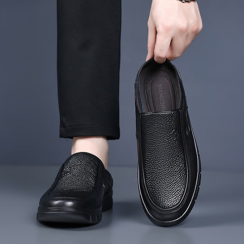 Men's Genuine Leather Walking Shoes - Slip-On, Lightweight, Wide Toe Box with Arch Support