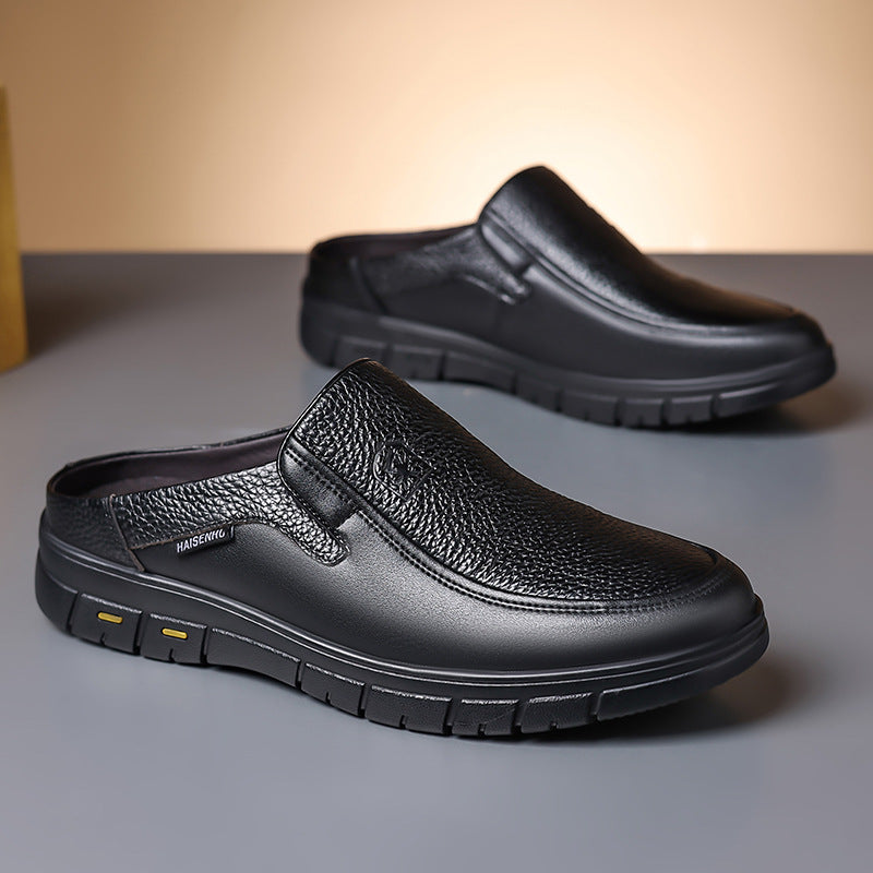 Men's Genuine Leather Walking Shoes - Slip-On, Lightweight, Wide Toe Box with Arch Support