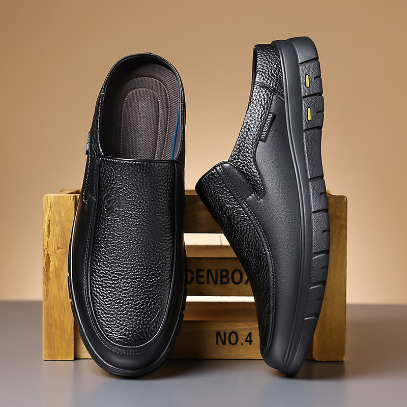 Men's Genuine Leather Walking Shoes - Slip-On, Lightweight, Wide Toe Box with Arch Support