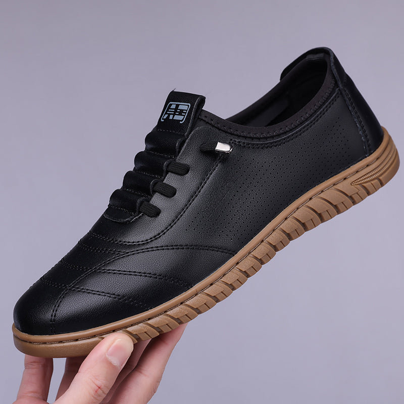 Men's Genuine Leather Walking Shoes - Lace-Up, Waterproof, Wide Toe Box with Arch Support