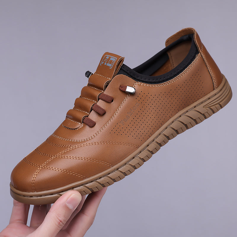 Men's Genuine Leather Walking Shoes - Lace-Up, Waterproof, Wide Toe Box with Arch Support