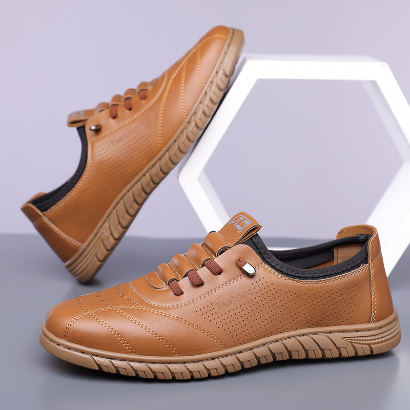 Men's Genuine Leather Walking Shoes - Lace-Up, Waterproof, Wide Toe Box with Arch Support