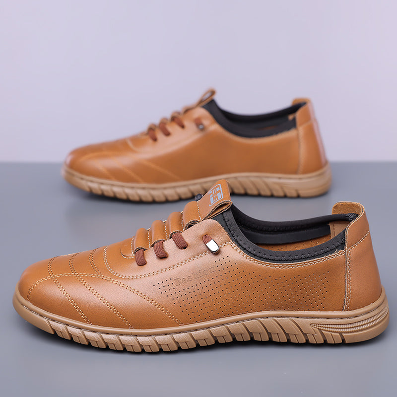 Men's Genuine Leather Walking Shoes - Lace-Up, Waterproof, Wide Toe Box with Arch Support
