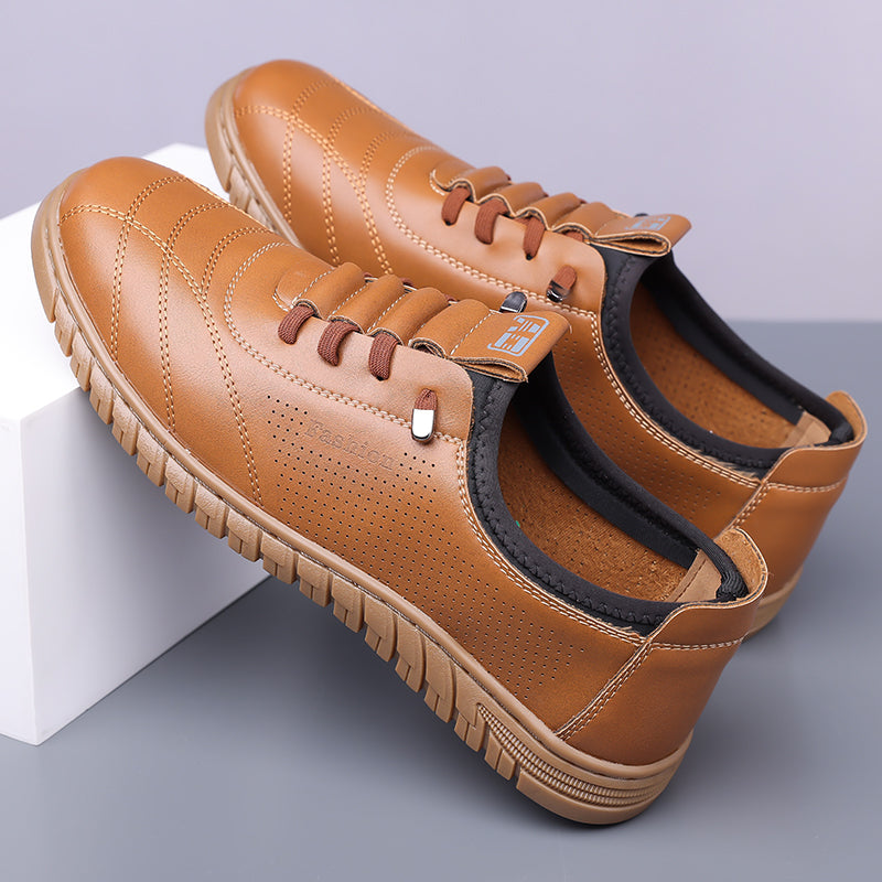 Men's Genuine Leather Walking Shoes - Lace-Up, Waterproof, Wide Toe Box with Arch Support