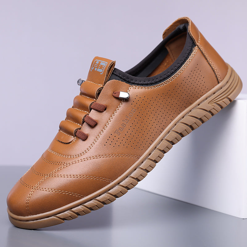 Men's Genuine Leather Walking Shoes - Lace-Up, Waterproof, Wide Toe Box with Arch Support