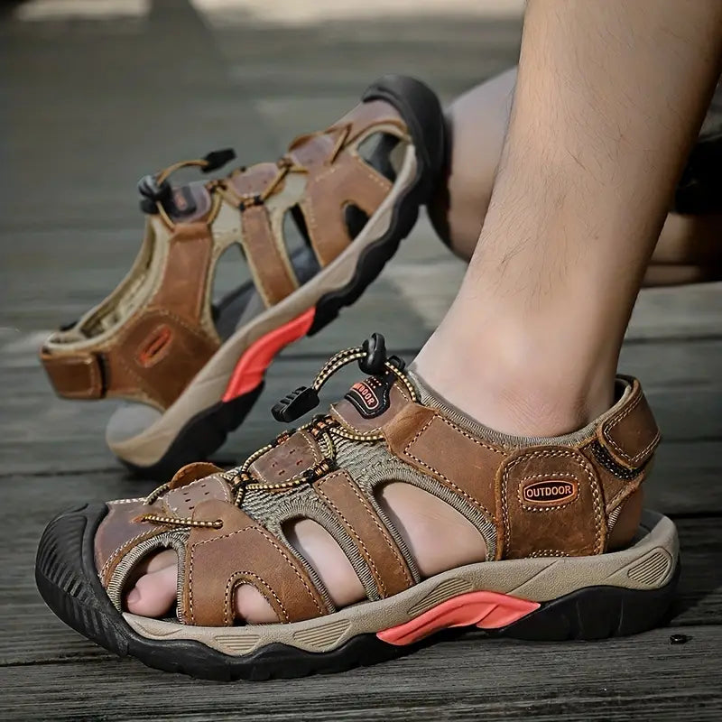 Dallader Men's Genuine Leather Sports Sandals, Orthopedic Support, Comfortable Lightweight Durable Non-Slip Hiking Sandals