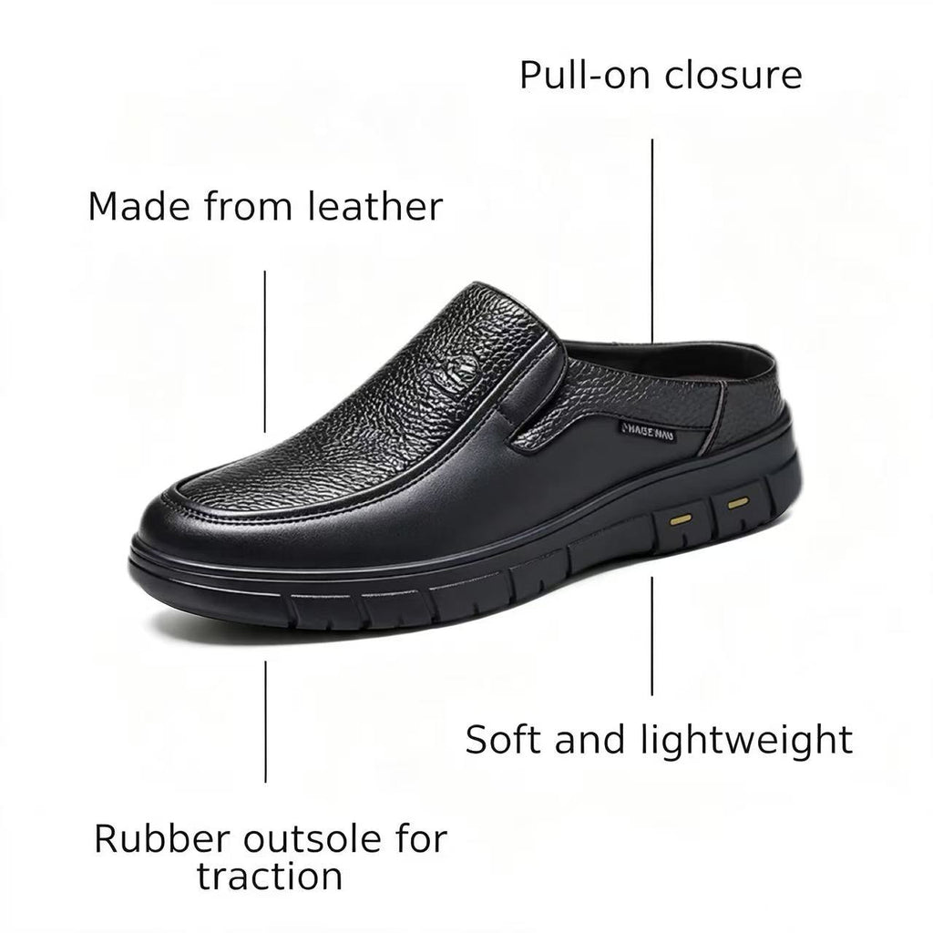 Men's Mules Breathable Leather Walking Loafers - Slip-On, Lightweight, Wide Toe Box with Arch Support