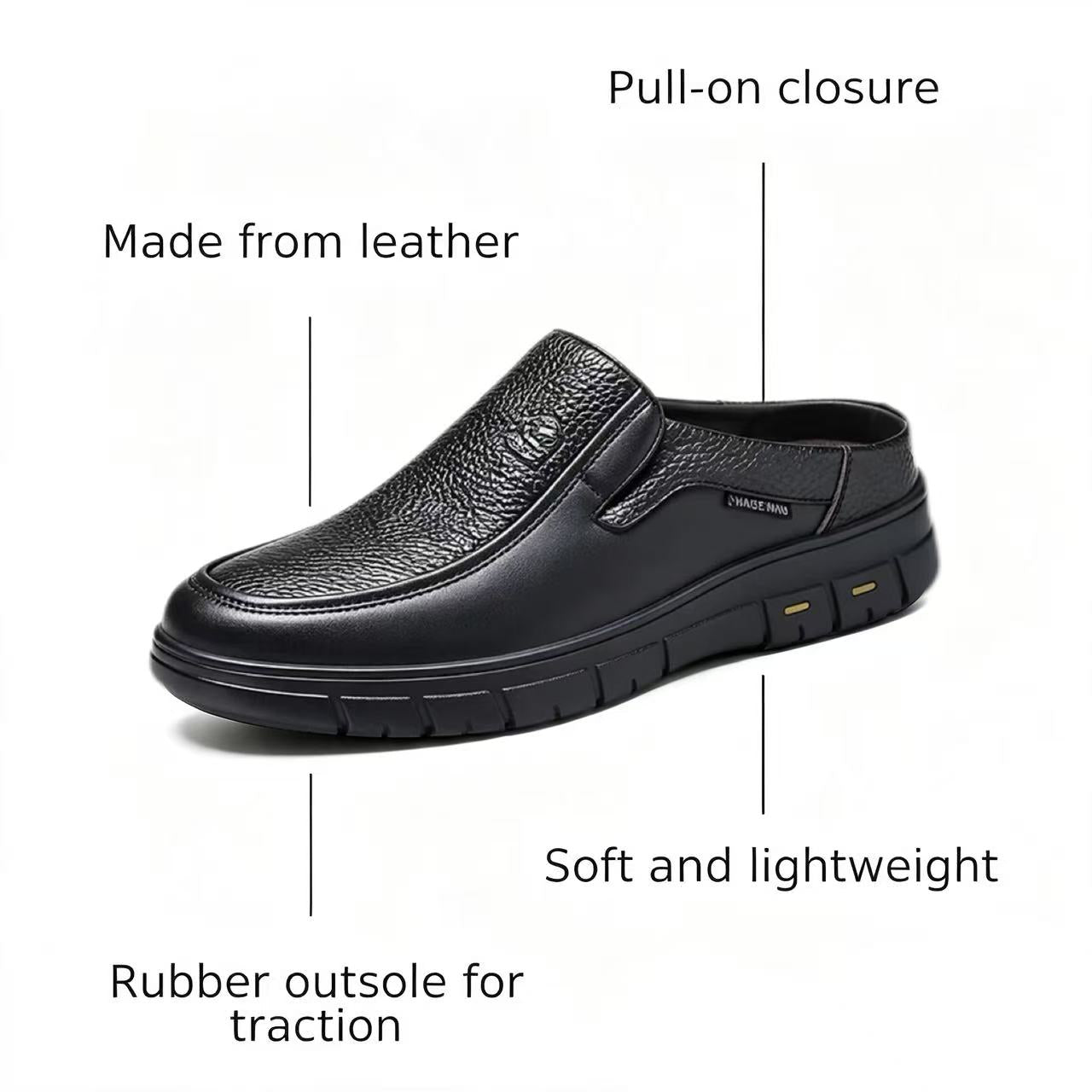 Men's Mules Breathable Leather Walking Loafers - Slip-On, Lightweight, Wide Toe Box with Arch Support